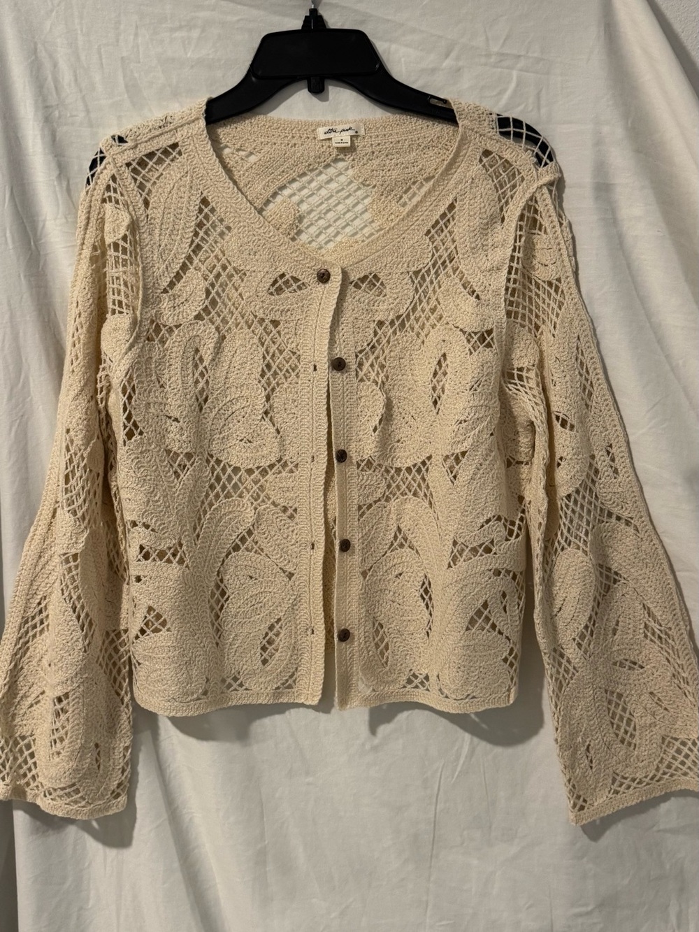 Ultra Pink Crochet Button-Front Sweater Cardigan - Cream